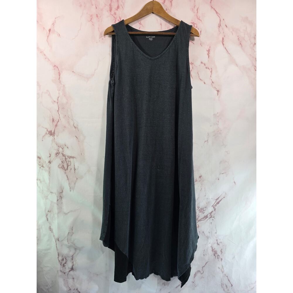 Eileen Fisher Dress Womens XL Black Organic Linen Tank Midi Scoop Asymmetric